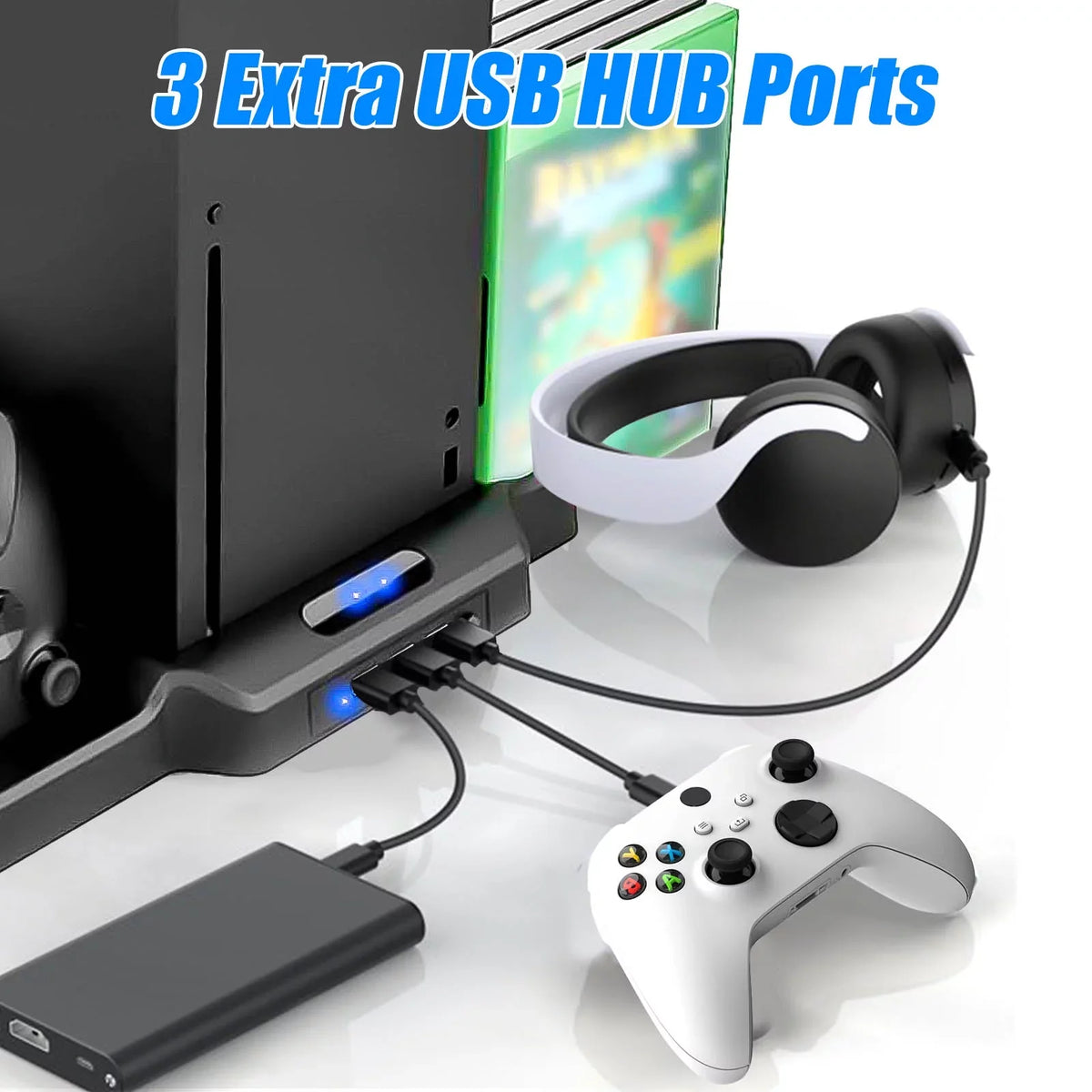 Vertical Stand Fit for Xbox Series X/S with 2 Cooling Fans, EEEkit Dual Controller Fast Charging Dock Station Fit for Xbox Series S/X with 3  Ports, 11 Game Disc Slots