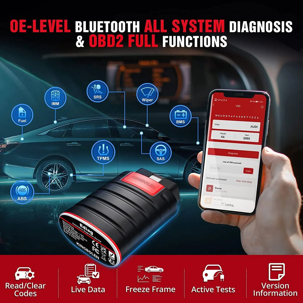 Ediag OBD2 Scanner Bluetooth for iPhone & Android, All Systems Bidirectional Diagnostic Tool with  Coding, 15+ Reset Functions, All Software 1 Year Free