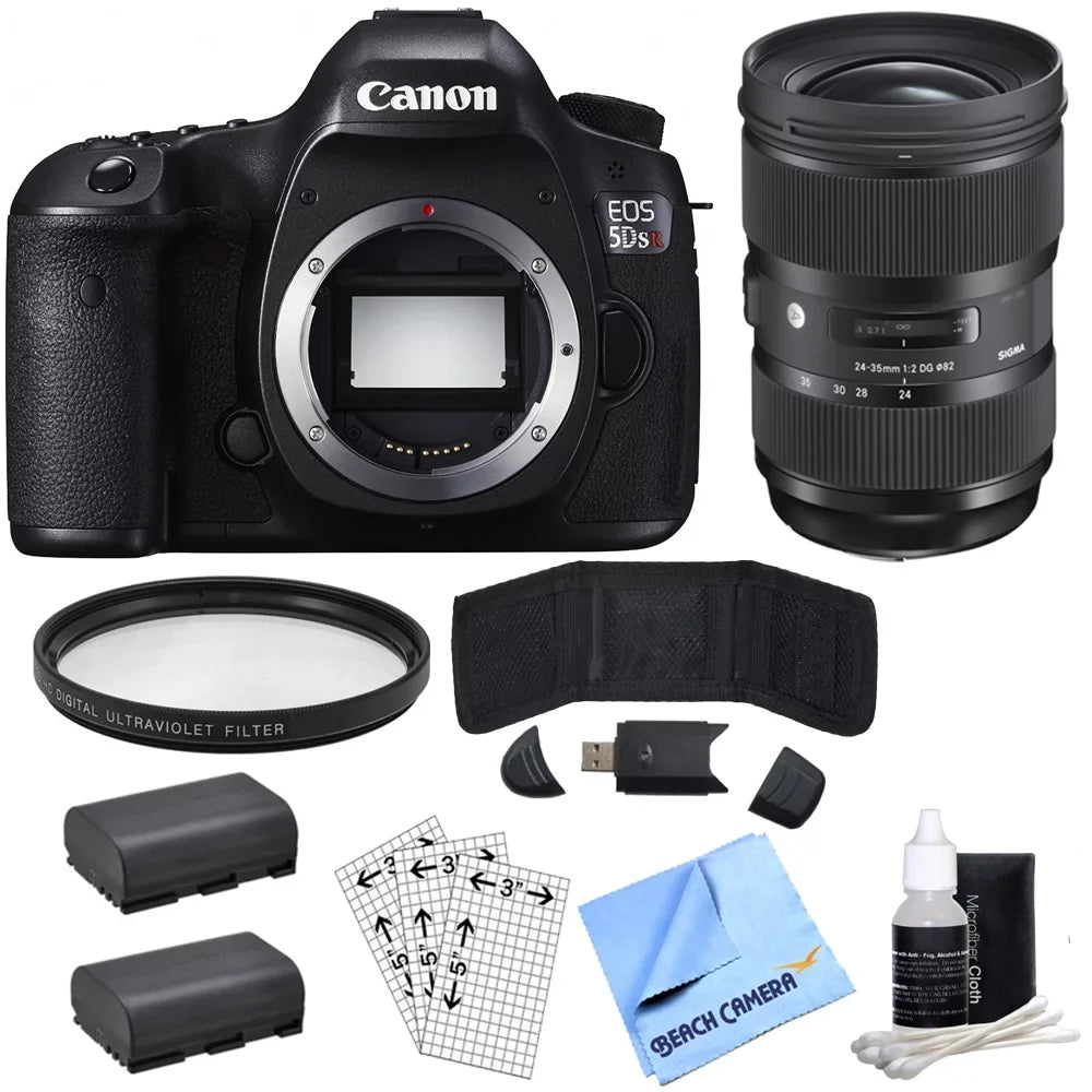 Canon  5DS R 50.6MP Digital  Camera (Body Only) with Lens Power Bundle, Includes, Sigma 24-35mm Standard-Zoom Lens, Multicoated  Protective Filter & 2x -E6 Batteries