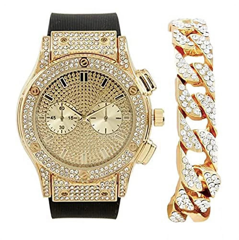 Charles Raymond Big Bling Watch Inspired by Hip Hop - Mens Iced Out Timepiece - Faux Chrono Eyes - Diamond Rhinestones on Blast - ST10311 (Gold Rubber Cuban)