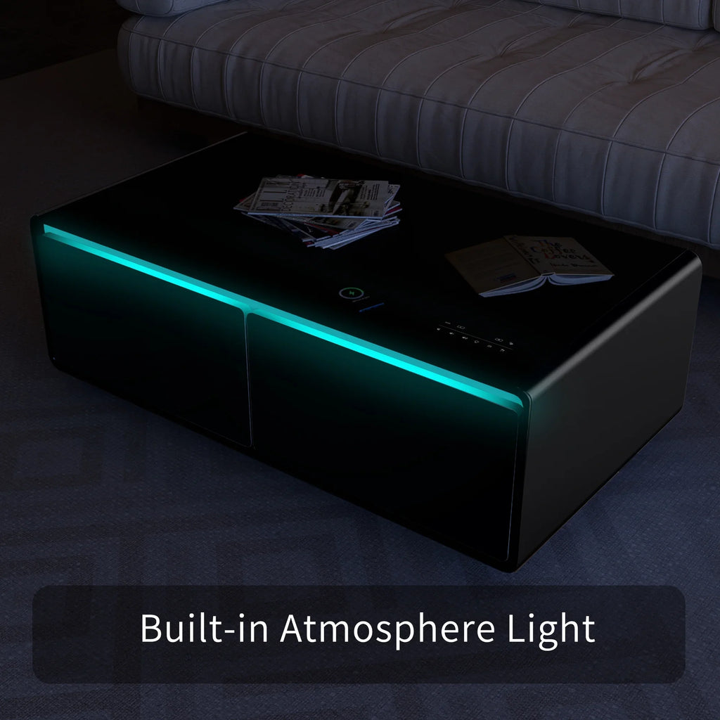 Modern Smart Coffee Table with Built-in Fridge, Bluetooth Speaker, Wireless Charging Module, Touch Control Panel, Power Socket,  Interface, Outlet Protection, Atmosphere light, Black
