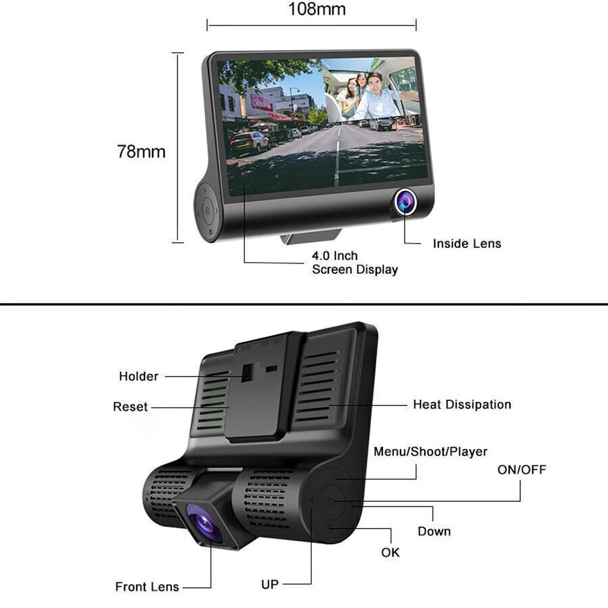 Xhy Car Dual Lens Dash Cam 1080P 4"   Front/Rear/Built-In Video Camera Driving Recorder G-Sensor, Motion Detection and Parking Monitoring