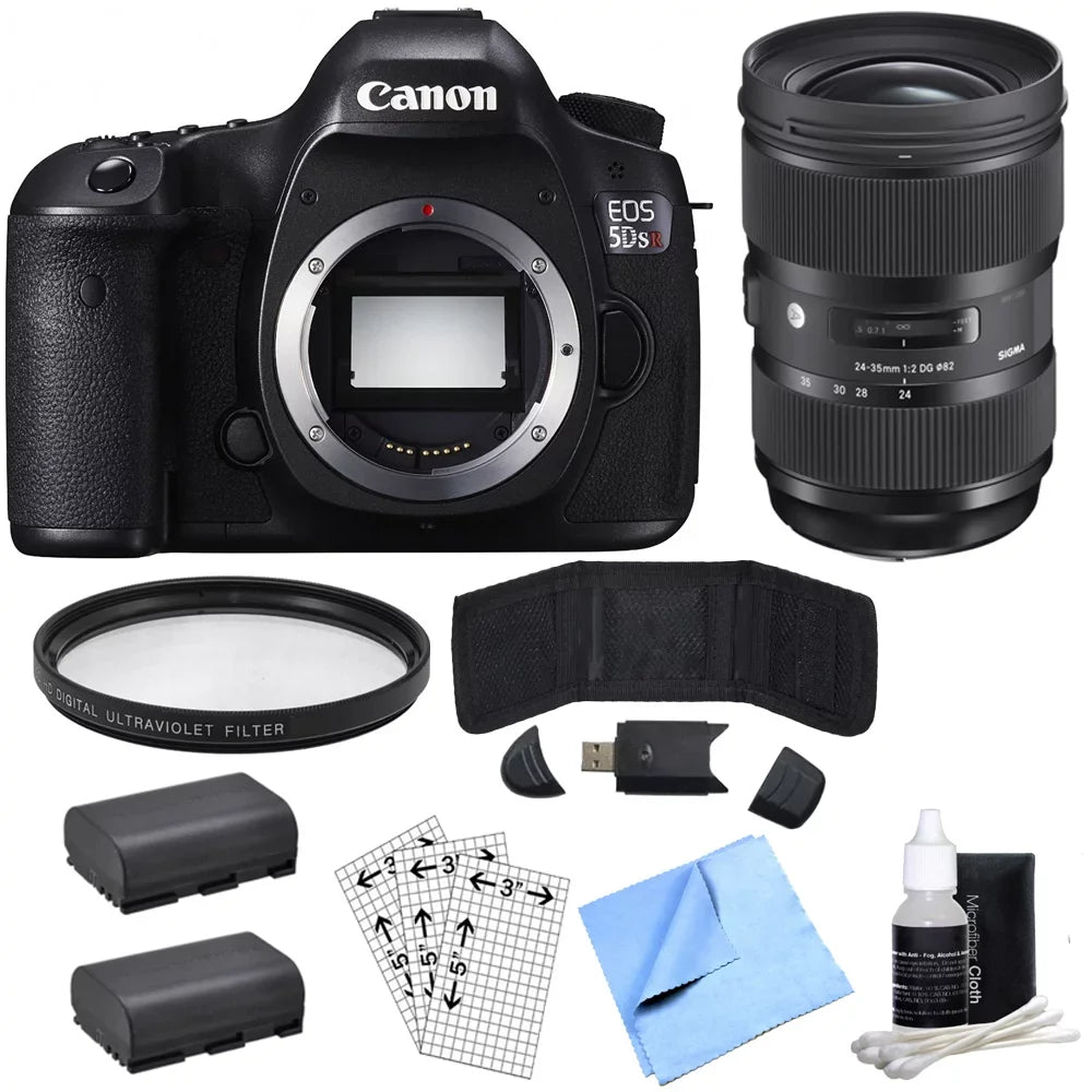 Canon  5DS R 50.6MP Digital  Camera (Body Only) with Lens Power Bundle, Includes, Sigma 24-35mm Standard-Zoom Lens, Multicoated  Protective Filter & 2x -E6 Batteries