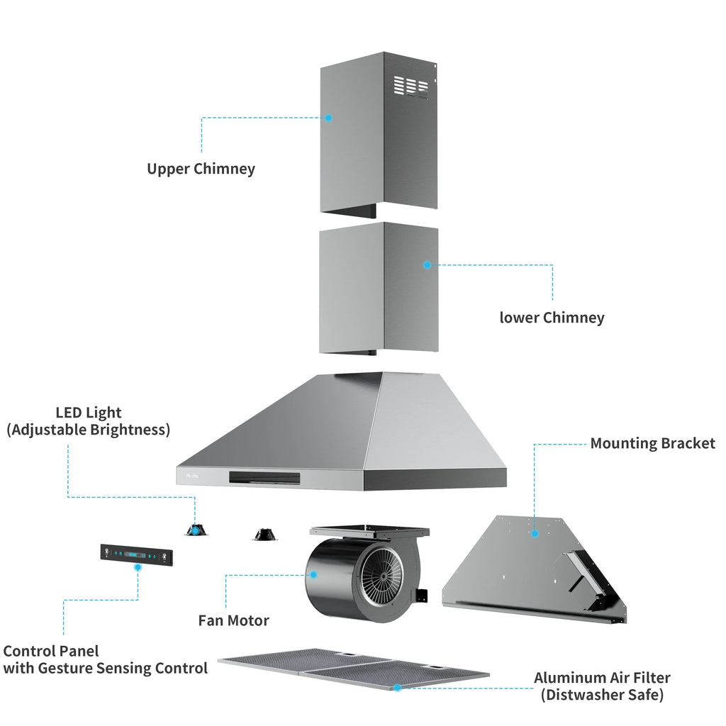 HisoHu Wall Mount Kitchen Hood Range Hoods with Ducted/Ductless Convertible Duct, 36 Inch 780  Stainless Steel Vent Hood, 4 Speed Gesture Sensing Exhaust Hood with Dimmable  lights(A02-36")