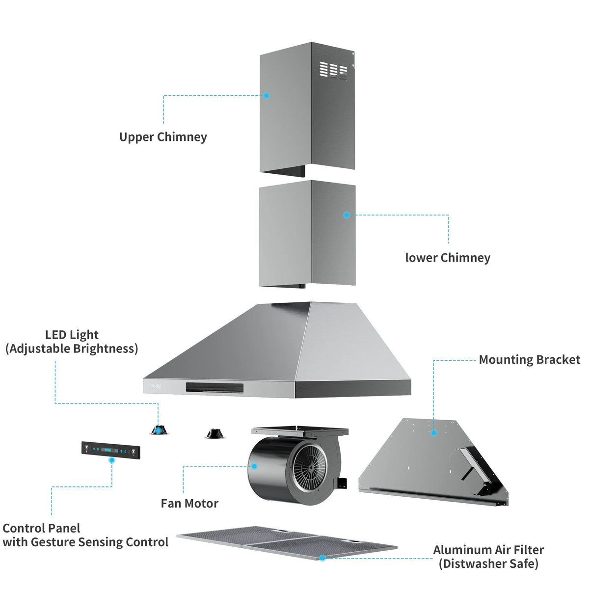 HisoHu Wall Mount Kitchen Hood Range Hoods with Ducted/Ductless Convertible Duct, 36 Inch 780  Stainless Steel Vent Hood, 4 Speed Gesture Sensing Exhaust Hood with Dimmable  lights(A02-36")