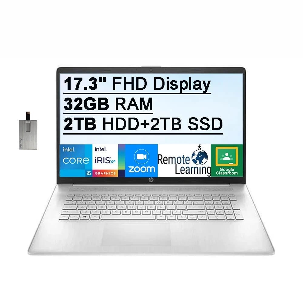 2021 17.3"   250 Nits Laptop Computer, Intel Core i5-1155G7 Processor, 32GB , 2TB + 2TB , Backlit Keyboard, Intel Iris Xe Graphics,  Webcam,  Audio, Win11, Silver, 32GB  Card