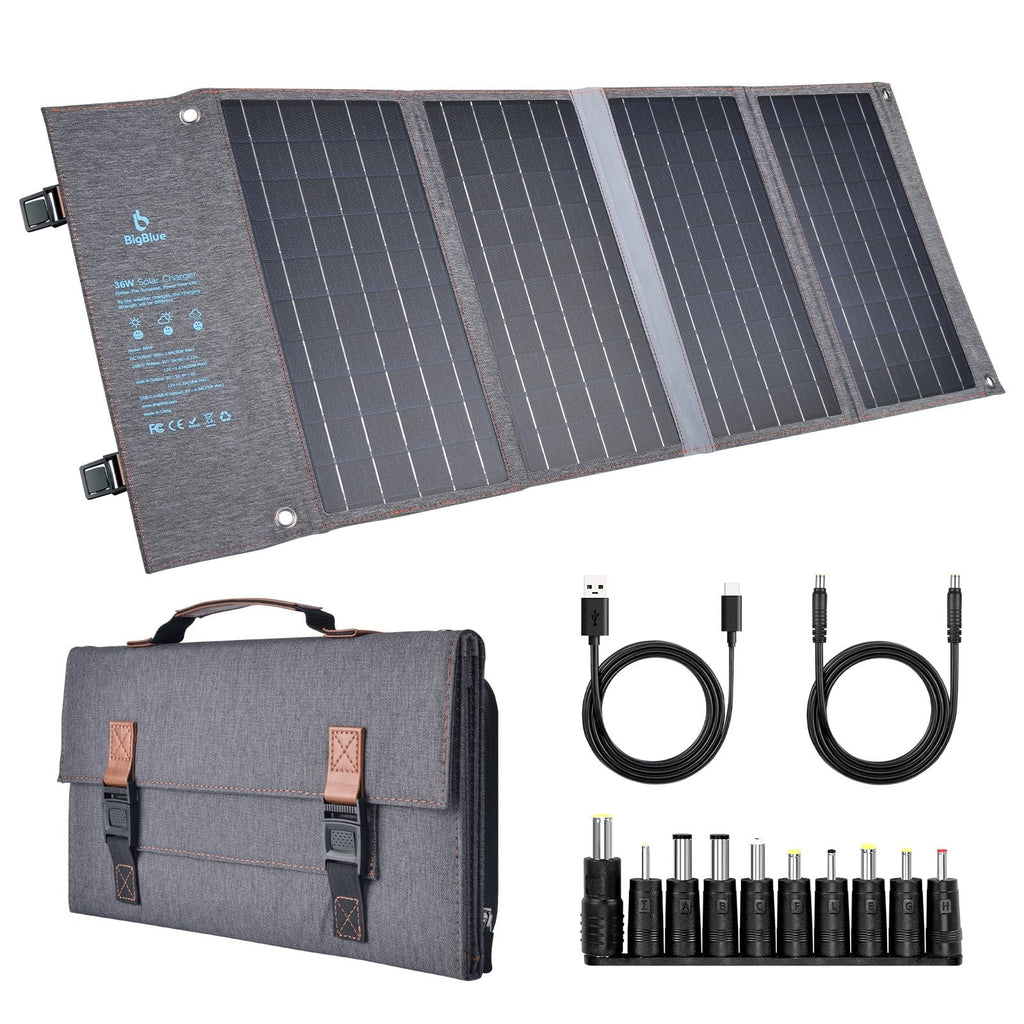 BigBlue 36W Solar Phone Charger with (20V/1.8A),  20W -C and Fast Charge -A, IP54 Waterproof, Portable SunPower Solar Panel for Camping