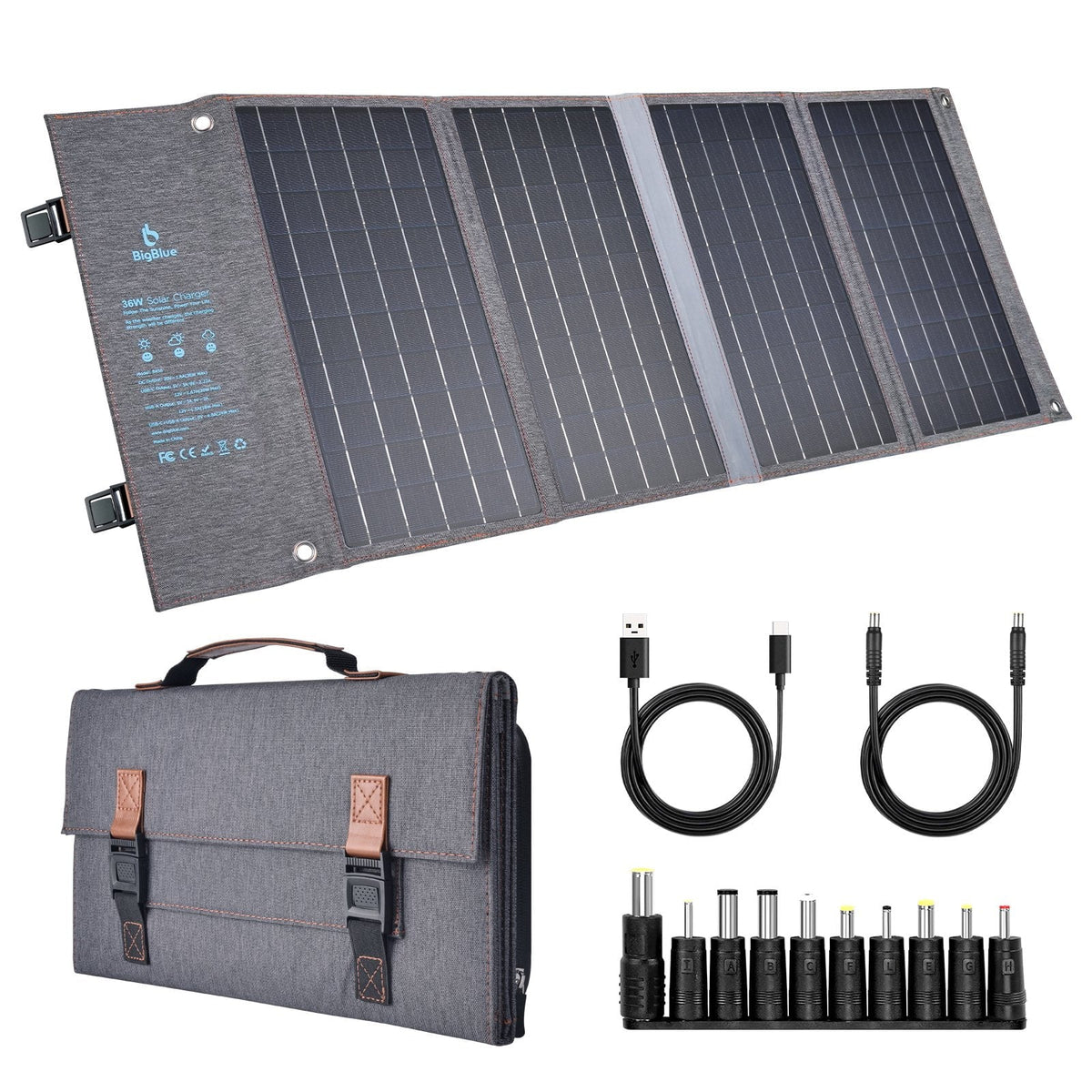 BigBlue 36W Solar Phone Charger with (20V/1.8A),  20W -C and Fast Charge -A, IP54 Waterproof, Portable SunPower Solar Panel for Camping
