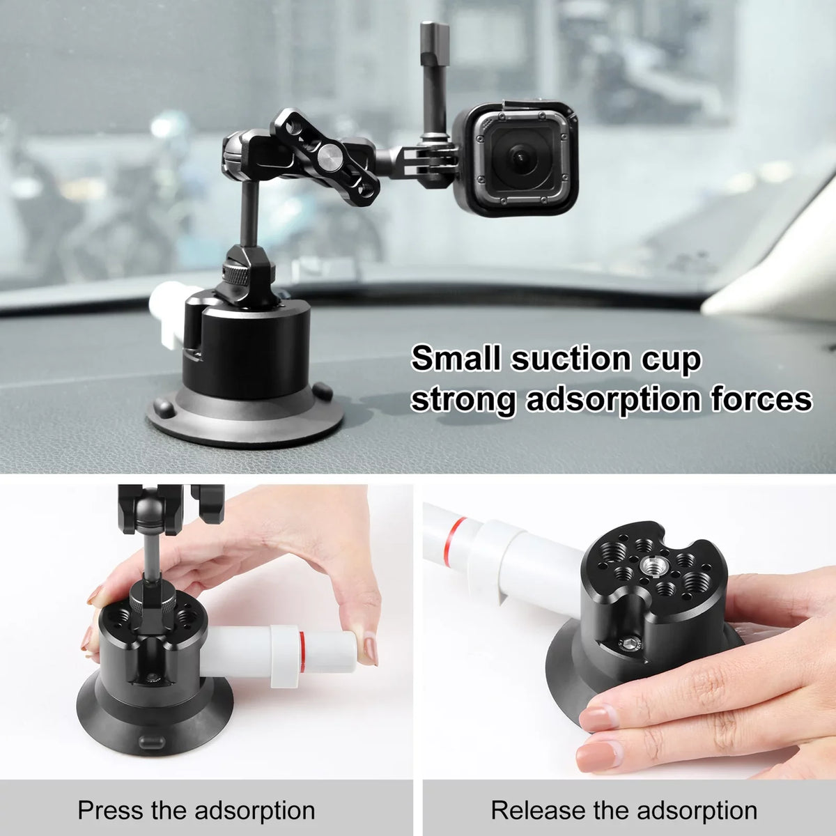 PU845B Suction Cup Mount for Action Camera Suction Camera Mount Bracket Dual 360° Rotatable Ballheads Replacement for GoPro Hero 11/10/9/8, Osmo Action 3/2