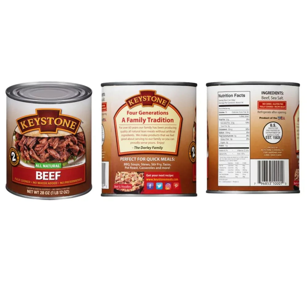 (6 Cans - 2 of Each) Keystone All Natural Beef, Chicken and Pork 28oz Cans Combo  Emergency Survival Ready to eat Long Shelf Life Camping Food
