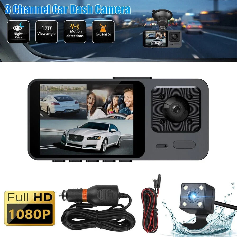 Paddsun Car Dual Lens Dash Camera Cam  1080P Front/Rear/Inside Video Recorder G-Sensor