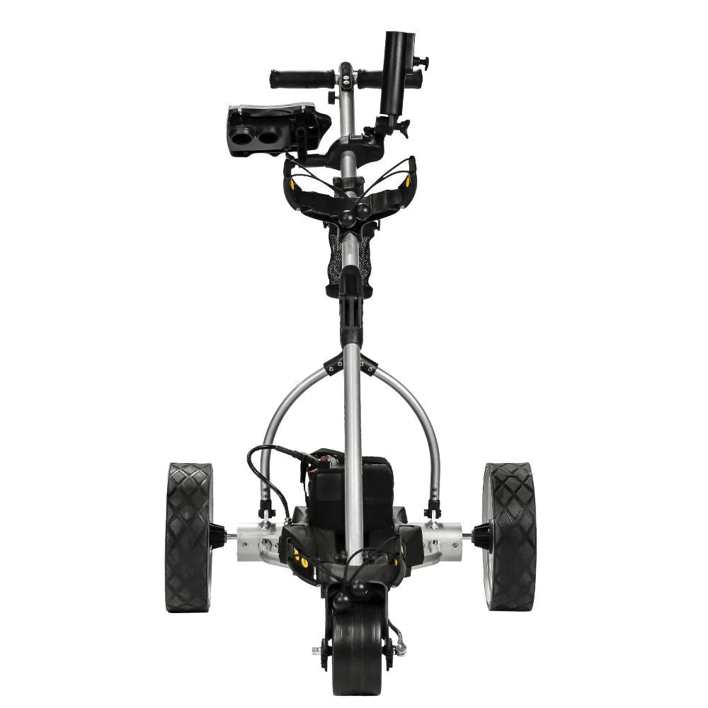 X3R Sealed Lead 18-Hole Battery Powered Golf Push Cart with Remote, Dual Motor, 9-Speeds and Reverse, Cruise Control, Anti-Tip Wheel, and Downhill Control, Titanium Silver