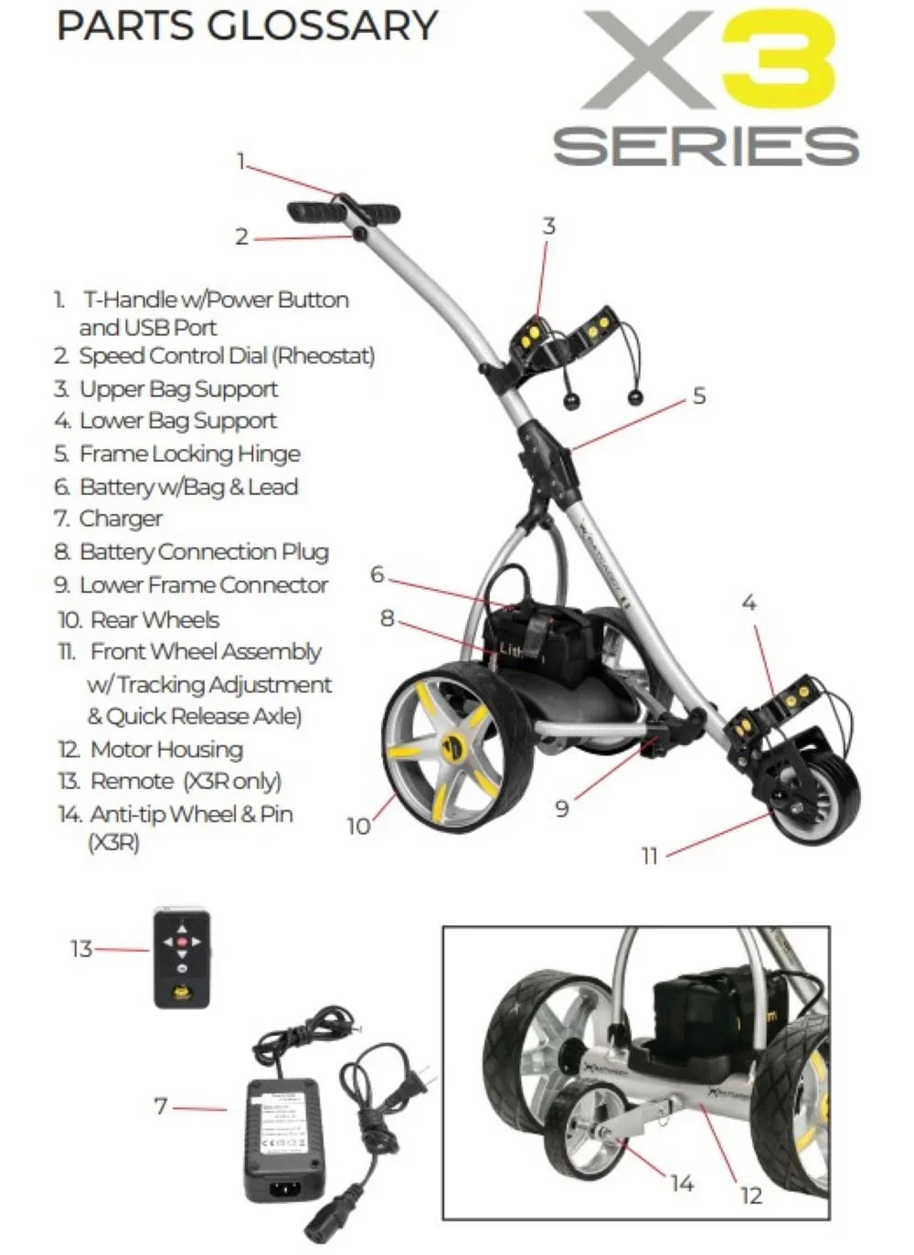 X3R Sealed Lead 18-Hole Battery Powered Golf Push Cart with Remote, Dual Motor, 9-Speeds and Reverse, Cruise Control, Anti-Tip Wheel, and Downhill Control, Titanium Silver