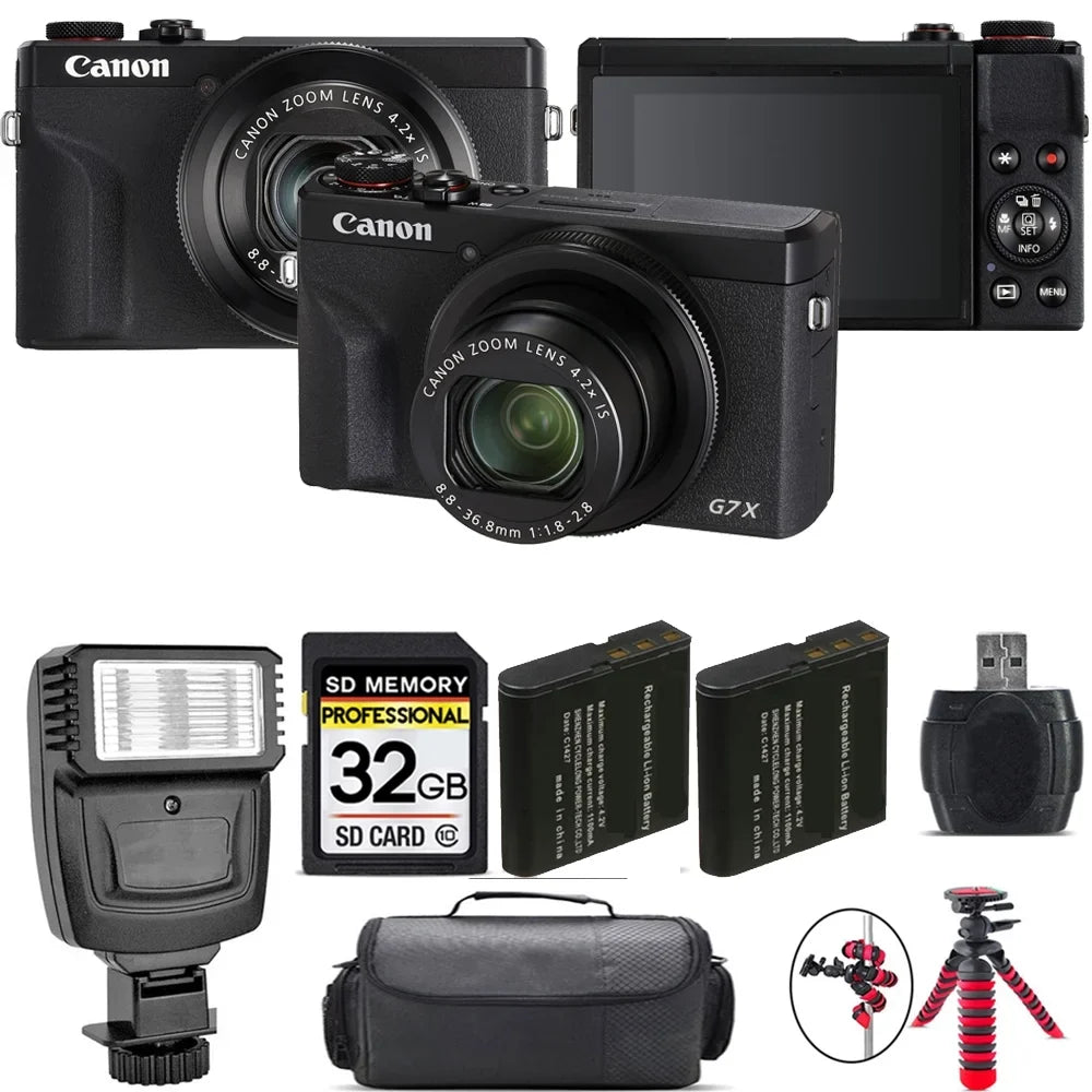 Canon PowerShot G7 X Mark  Digital Camera (Black) + Extra Battery + Flash - 32GB Kit