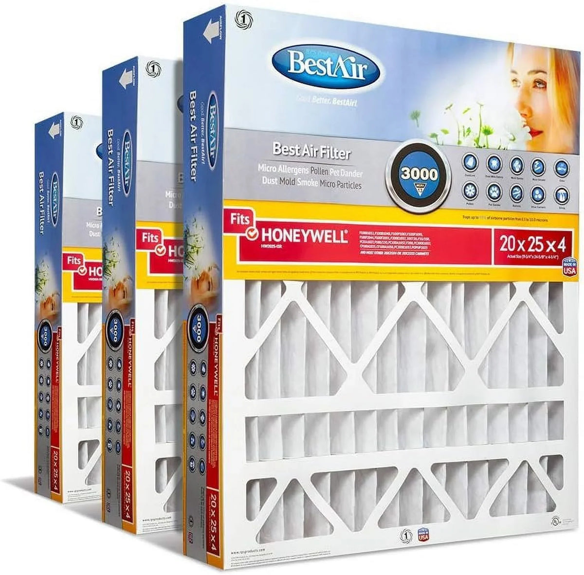 BestAir HW2025-13R  Furnace Air Filter, 20" x 25" x 4",  13, Removes Allergens & Contaminants, Fits 100%, For Honeywell Models, Pack of 3