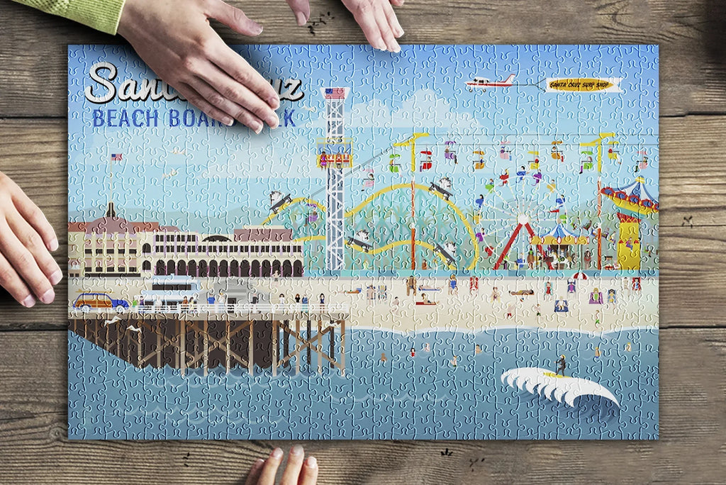 Santa Cruz, California, Retro Scene (19x27 inches, Premium 500 Piece Jigsaw Puzzle for Adults and Family, Made in )