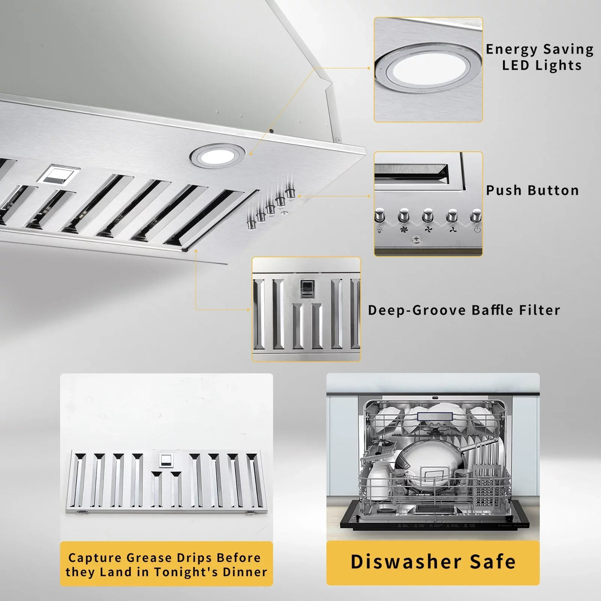 Range Hood 20 inch Built in Range Hood 600 Cfm Vent 3-Speed Non-Ducted Integrated Cabinet