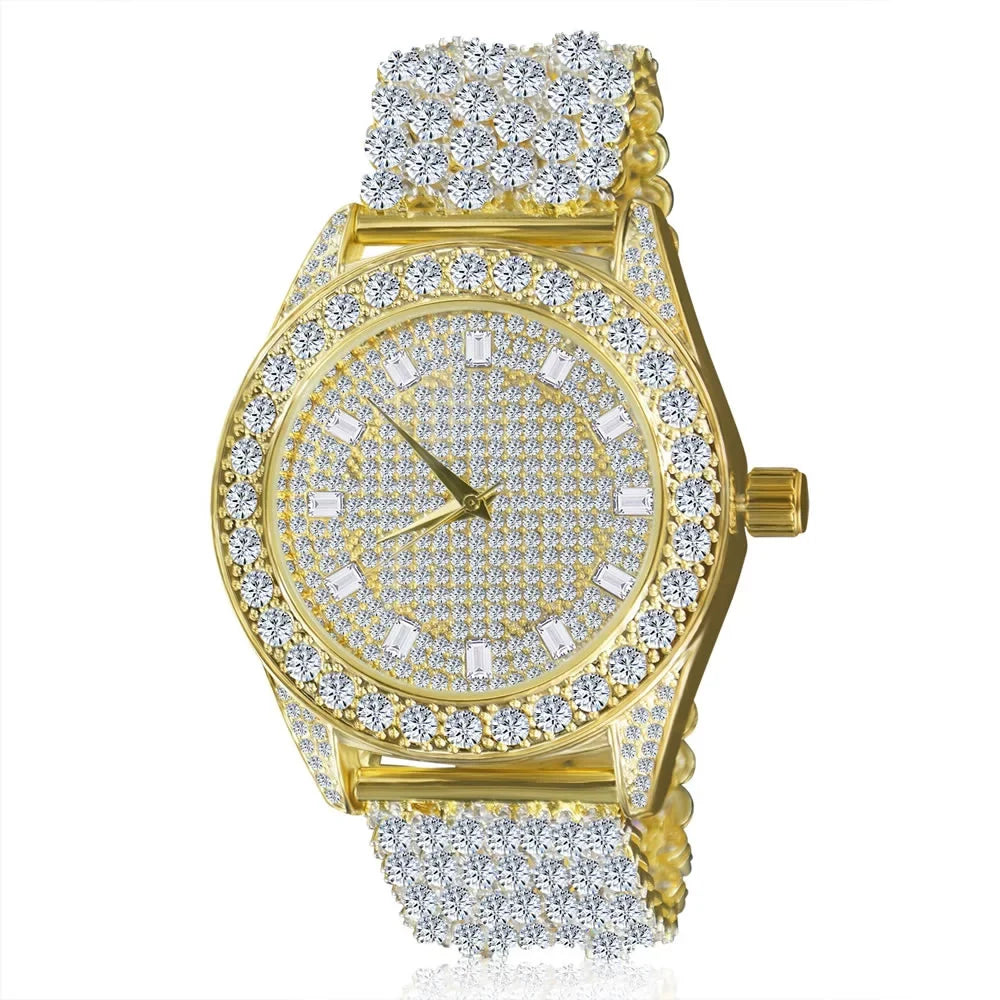 Luxury Iced Khronos Celebrity Wear Yellow Gold Finish Simulated Diamonds Custom Band Solitaire Bezel Joe Rodeo JoJo Watch