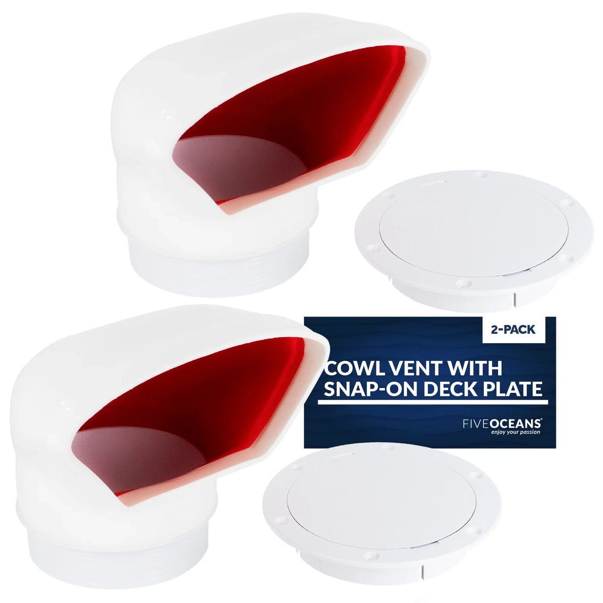Five Oceans  3-Inch Cowl Vent with Snap-On Deck Plate and Cover, 2 Pack Low Profile -Resistant and Flexible , Red Interior, for Air Intake or Cabin Ventilation - FO88-M2