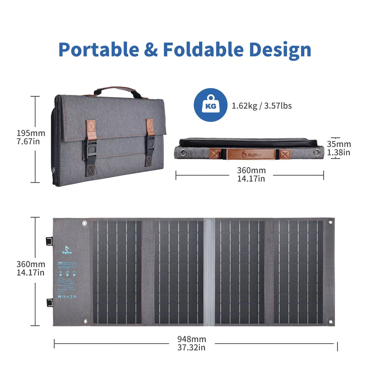 BigBlue 36W Solar Phone Charger with (20V/1.8A),  20W -C and Fast Charge -A, IP54 Waterproof, Portable SunPower Solar Panel for Camping