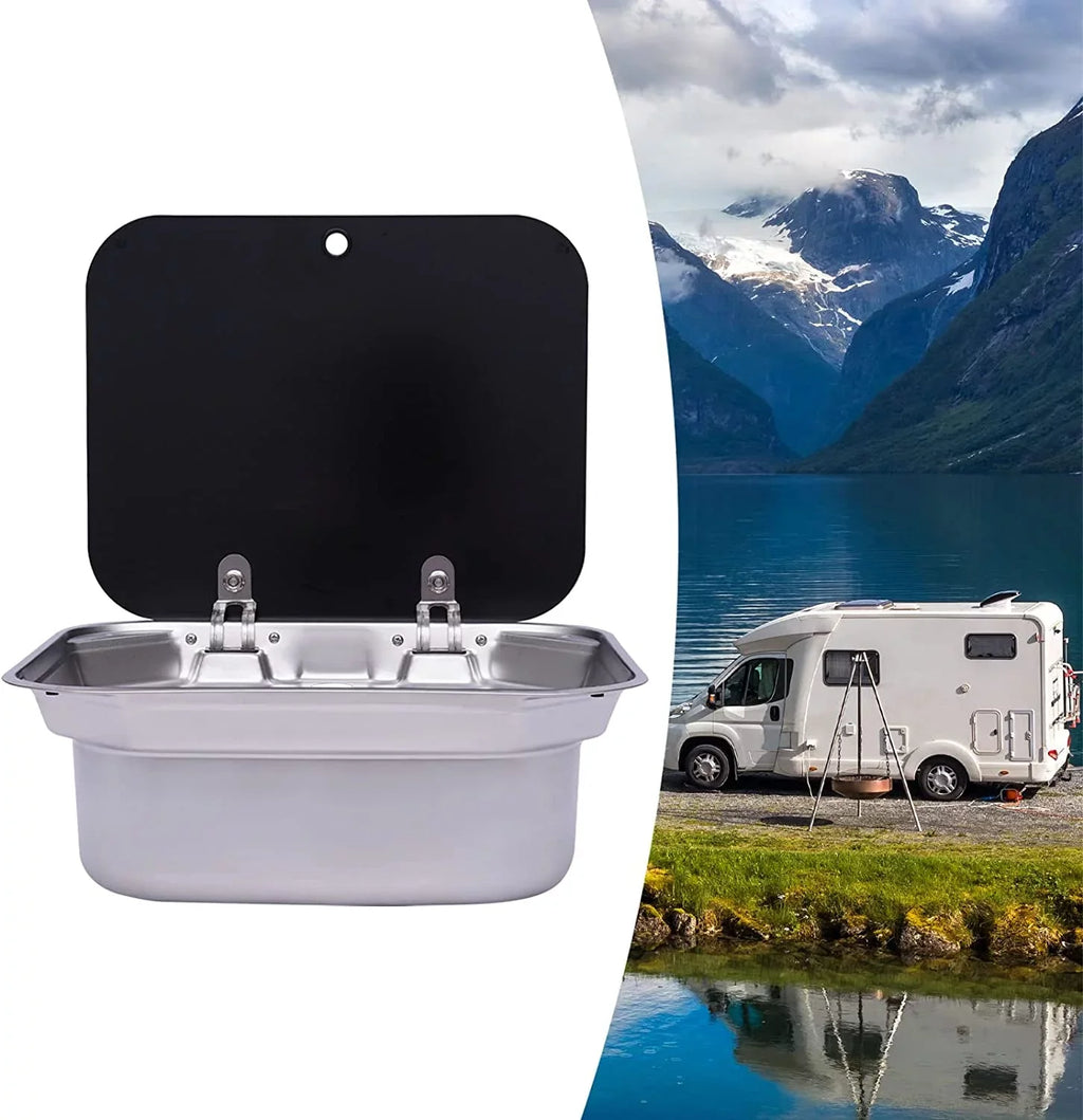 Miumaeov  Kitchen Sink Stainless Steel Hand Wash Basin Sink With Tempered Glass Lid Outdoor  Single Bowl Hand Wash Basin Sink For Caravan, Camper And Kitchen