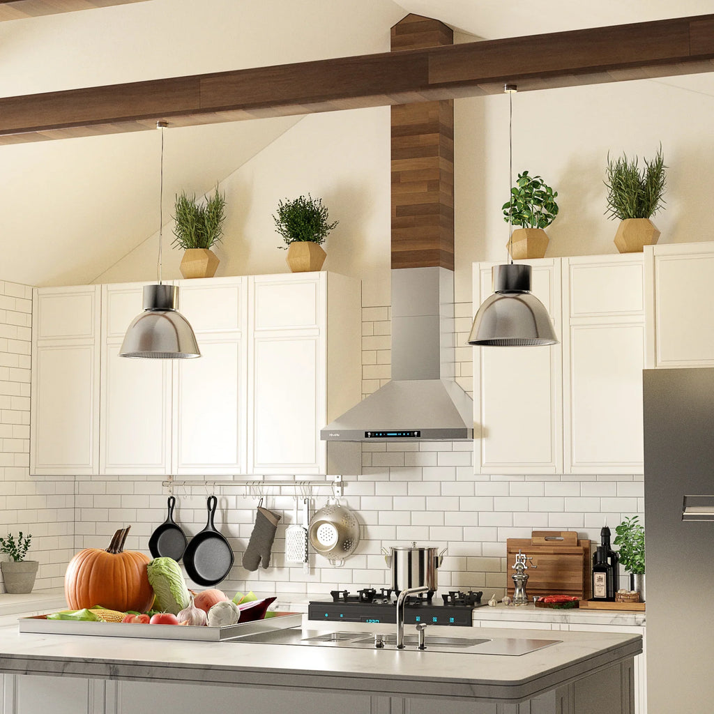 HisoHu Wall Mount Kitchen Hood Range Hoods with Ducted/Ductless Convertible Duct, 36 Inch 780  Stainless Steel Vent Hood, 4 Speed Gesture Sensing Exhaust Hood with Dimmable  lights(A02-36")