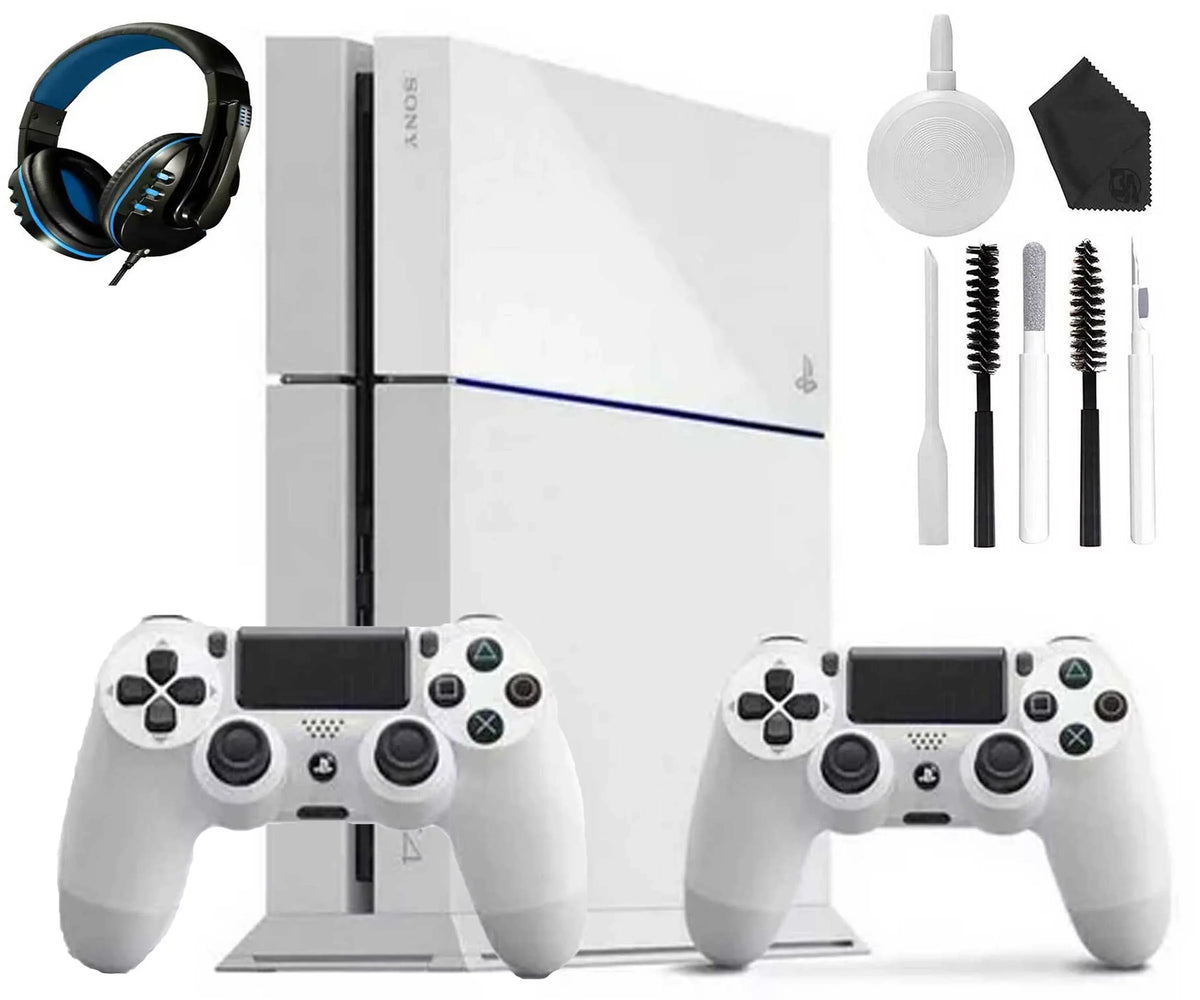 Sony PlayStation 4 500GB Gaming Console White, Headset 2 Controller With Cleaning Kit Like New