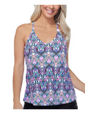Women's White Printed Stretch Full Bust Support Racerback Lined Deep V Neck Adjustable Lovina Beach Underwire Tankini Swimsuit Top 6