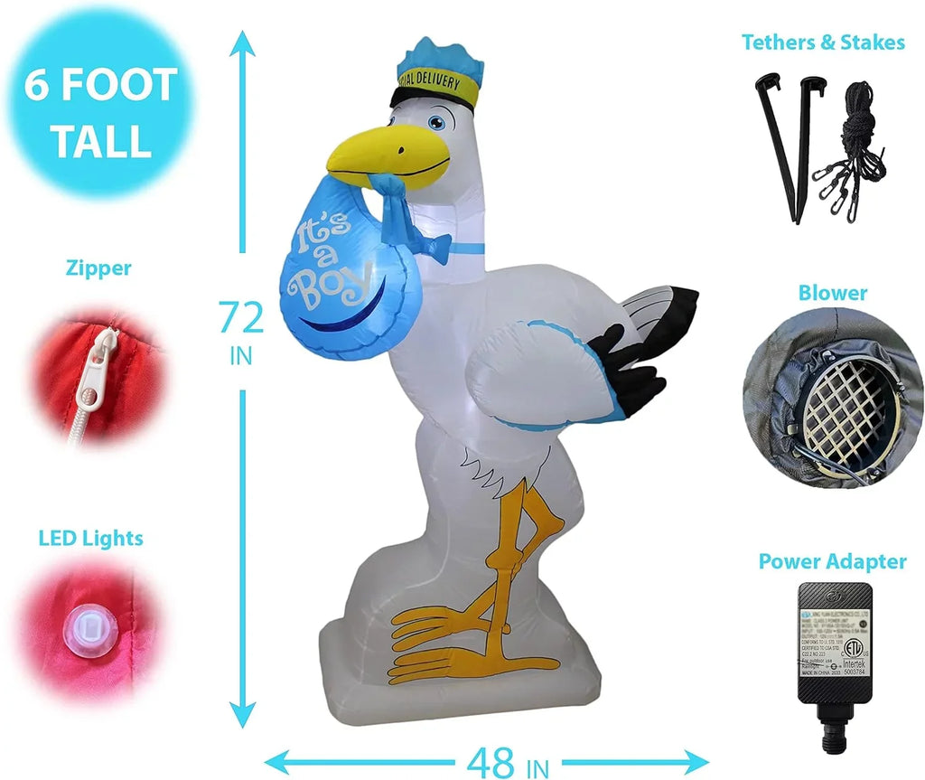 6 Foot Tall Baby Shower Inflatable Blue Stork It's A Boy Special Delivery Baby Announcement  Lights Lighted Blowup Party Decoration For Outdoor Indoor Home Celebration Garden Yard Lawn Prop