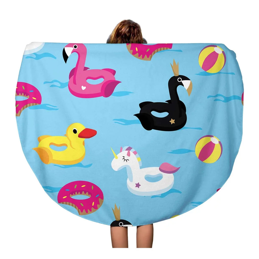 60 inch Round Beach Towel Blanket Blue Inflatable Pattern Floats in The Water Colorful Duck Travel Circle Circular Towels Mat Tapestry Beach Throw