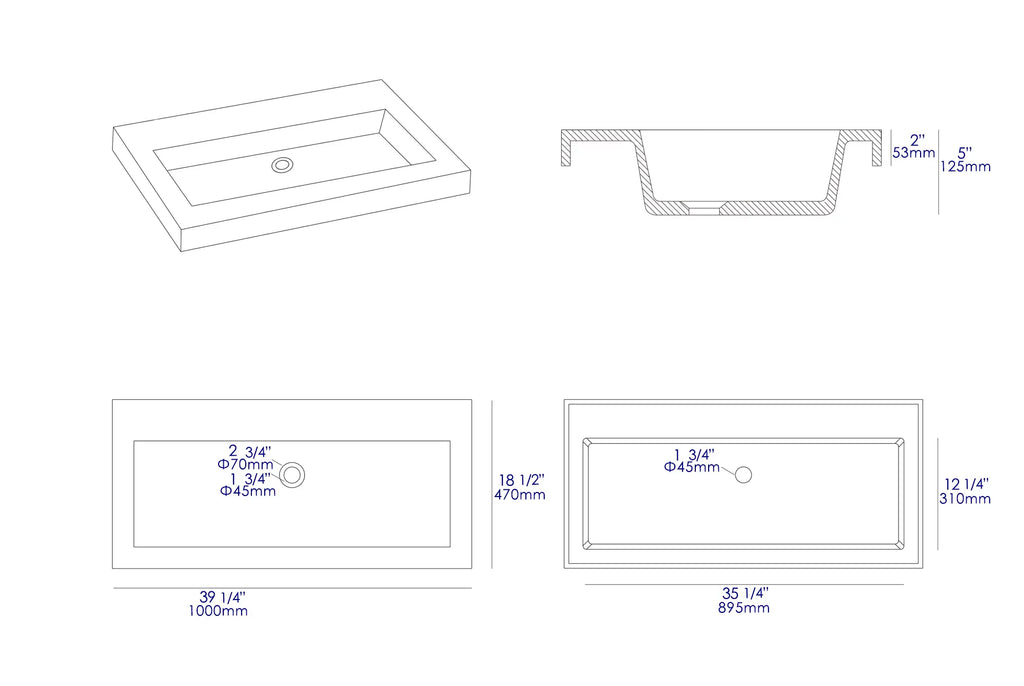 brand ABCO40TR 40" Solid Concrete Gray Matte Trough Sink for the Bathroom