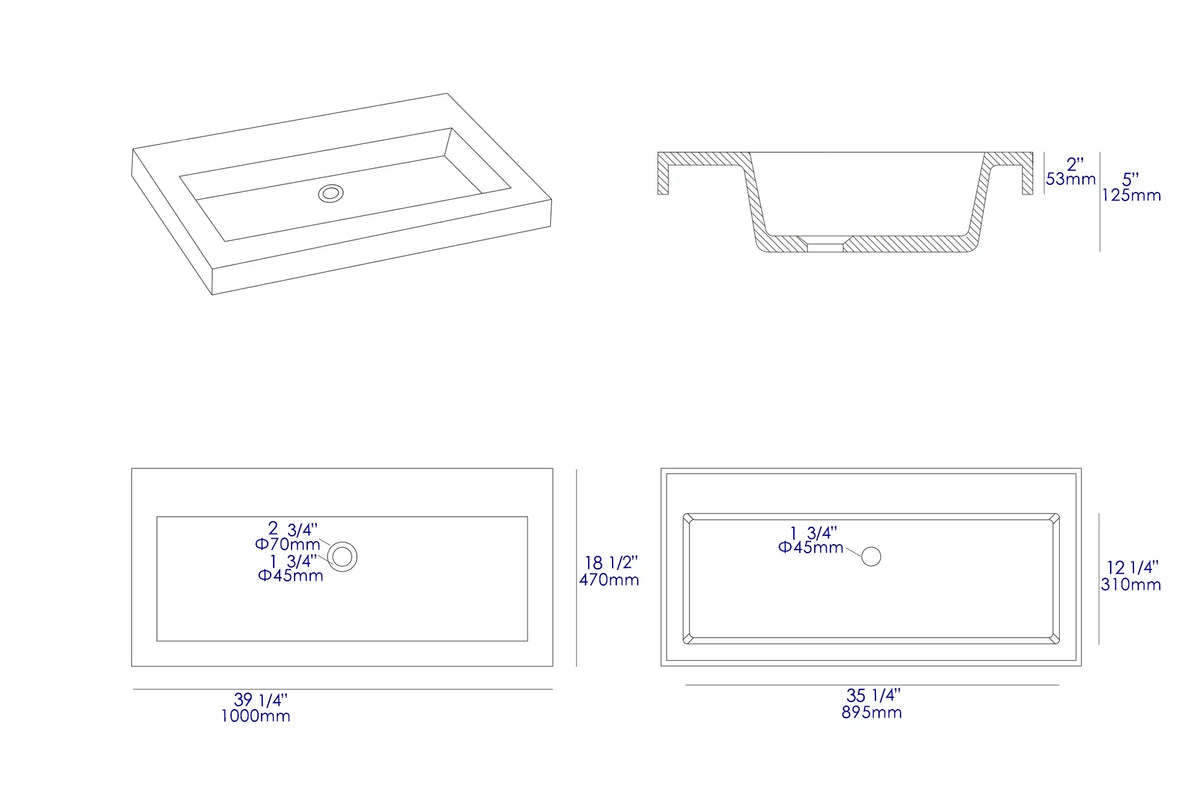 brand ABCO40TR 40" Solid Concrete Gray Matte Trough Sink for the Bathroom