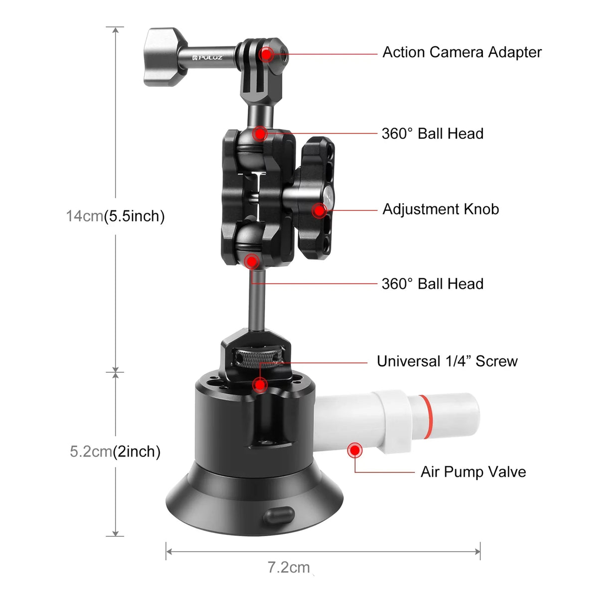 PU845B Suction Cup Mount for Action Camera Suction Camera Mount Bracket Dual 360° Rotatable Ballheads Replacement for GoPro Hero 11/10/9/8, Osmo Action 3/2