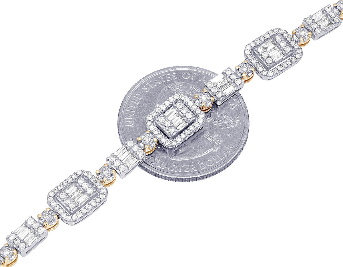 Baguette Cluster Halo 1.30  Diamond Illusion n Toni Set Bracelet Yellow-White Gold 3MM 7"