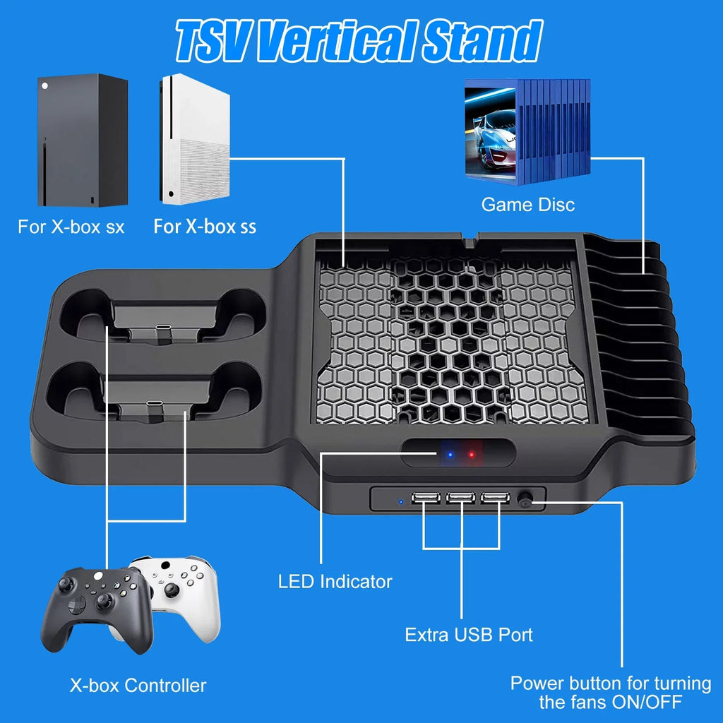 Vertical Stand Fit for Xbox Series X/S with 2 Cooling Fans, EEEkit Dual Controller Fast Charging Dock Station Fit for Xbox Series S/X with 3  Ports, 11 Game Disc Slots
