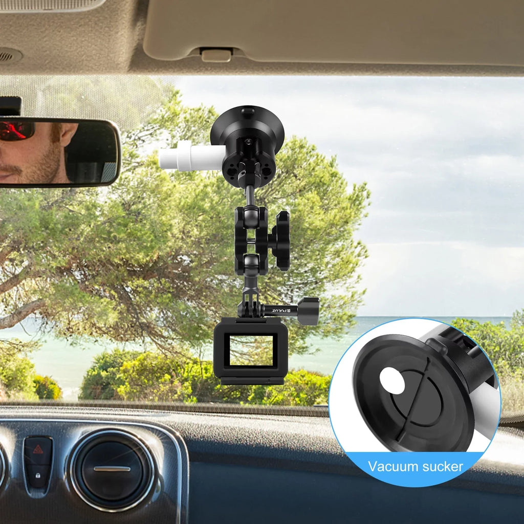 PU845B Suction Cup Mount for Action Camera Suction Camera Mount Bracket Dual 360° Rotatable Ballheads Replacement for GoPro Hero 11/10/9/8, Osmo Action 3/2