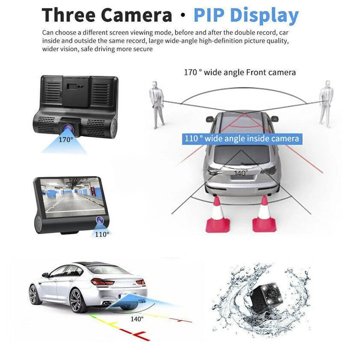 Xhy Car Dual Lens Dash Cam 1080P 4"   Front/Rear/Built-In Video Camera Driving Recorder G-Sensor, Motion Detection and Parking Monitoring
