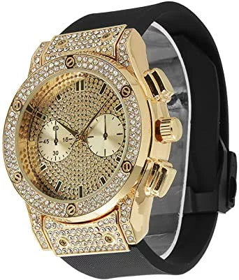 Charles Raymond Big Bling Watch Inspired by Hip Hop - Mens Iced Out Timepiece - Faux Chrono Eyes - Diamond Rhinestones on Blast - ST10311 (Gold Rubber Cuban)