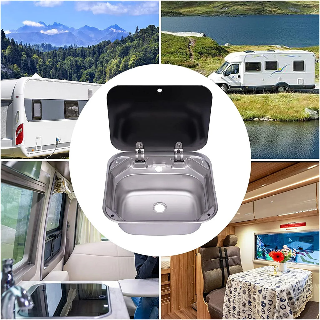 Miumaeov  Kitchen Sink Stainless Steel Hand Wash Basin Sink With Tempered Glass Lid Outdoor  Single Bowl Hand Wash Basin Sink For Caravan, Camper And Kitchen