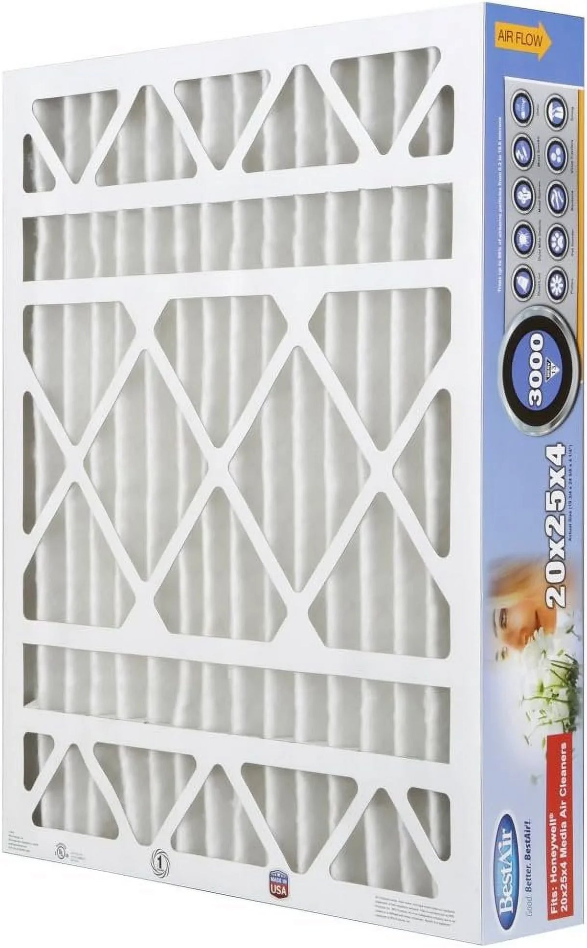 BestAir HW2025-13R  Furnace Air Filter, 20" x 25" x 4",  13, Removes Allergens & Contaminants, Fits 100%, For Honeywell Models, Pack of 3