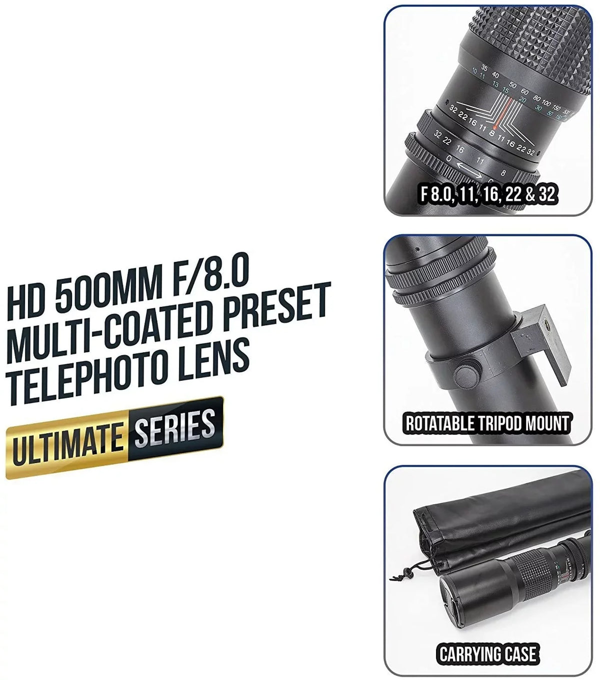 Ultimaxx 500mm/1000mm f/8 Multi-Coated Preset Telephoto Lens Includes Ultimaxx 2.0X Tele-Converter + T-Mount Adapter for Canon  Mount & Microfiber Cleaning Cloth - Compatible with / Cameras