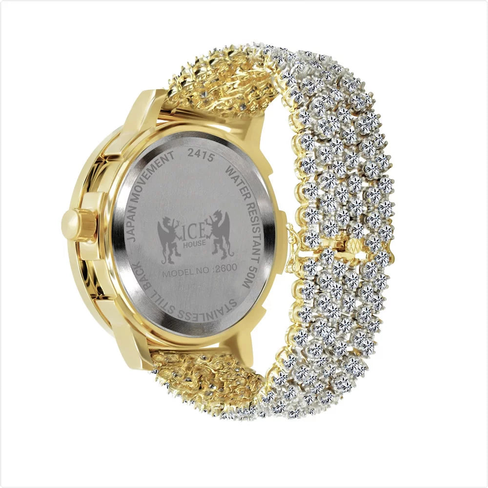 Luxury Iced Khronos Celebrity Wear Yellow Gold Finish Simulated Diamonds Custom Band Solitaire Bezel Joe Rodeo JoJo Watch