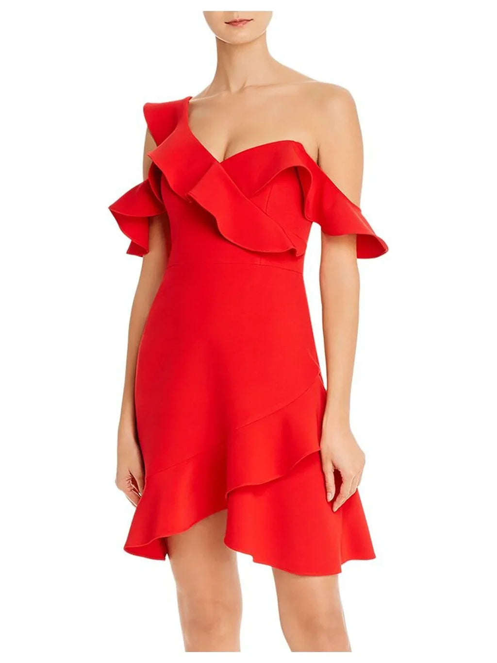 Womens Red Cold Shoulder Asymmetrical Neckline Short Party Fit + Flare Dress 12
