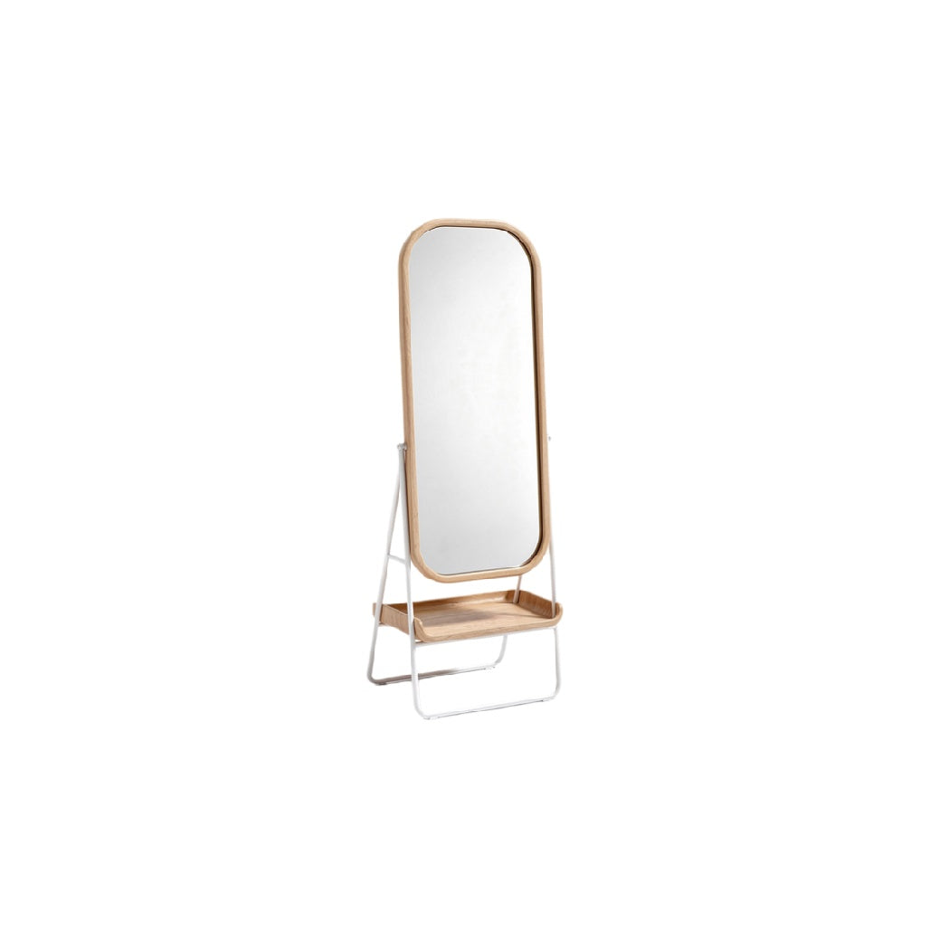 Modern Wooden Frame Floor Mirror with Storage Shelf