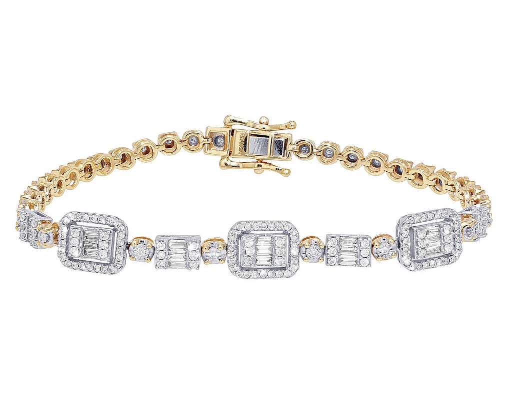 Baguette Cluster Halo 1.30  Diamond Illusion n Toni Set Bracelet Yellow-White Gold 3MM 7"