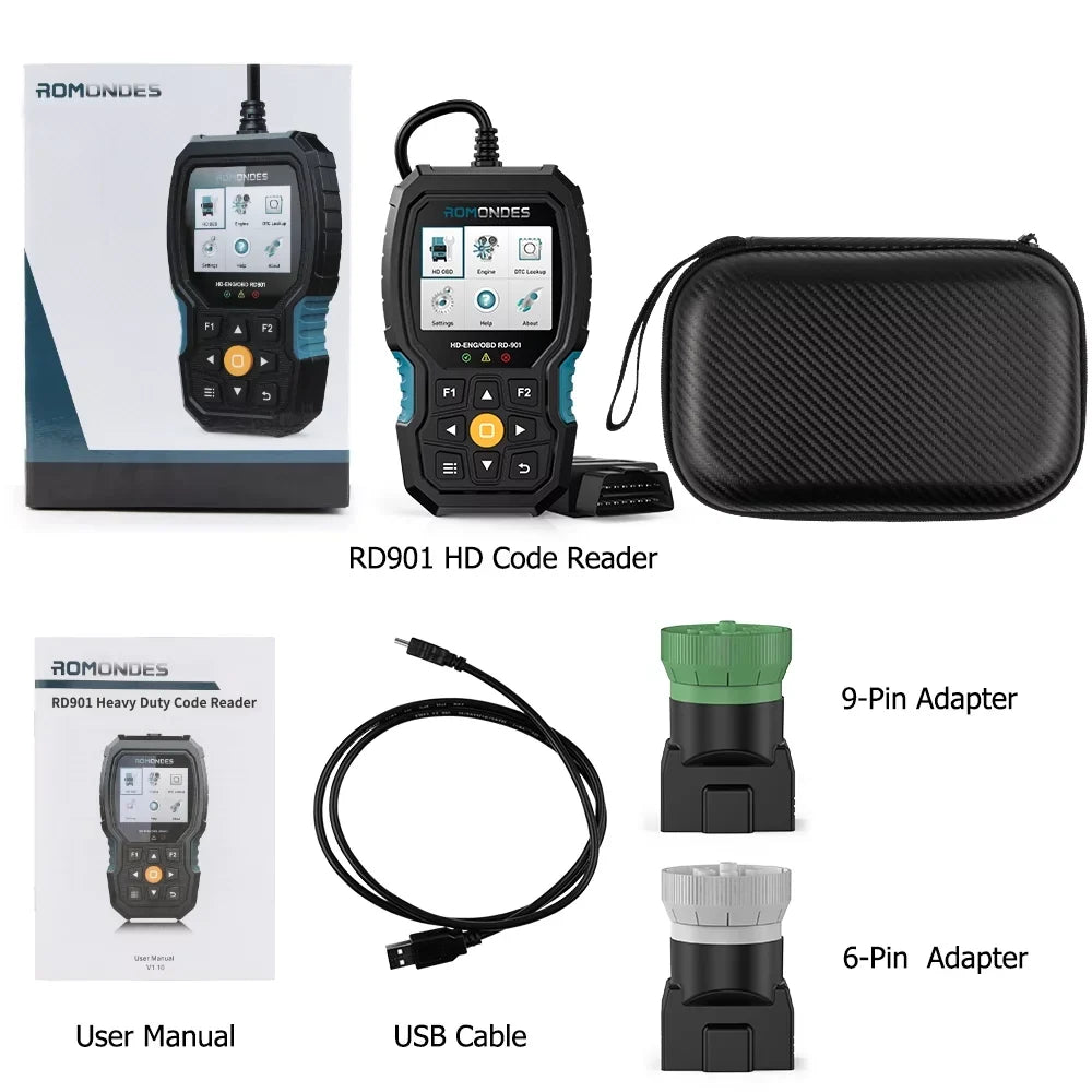 Romondes RD901 Heavy Duty Truck Scanner  OBD2 Scan Tool   Diesel Scanner All System Diagnostic Tool with  Oil Light Reset  Heavy Duty Truck  Car  2 in 1 Code Reader