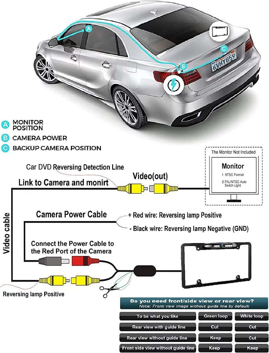 12V Car Front or Rearview Reverse View Backup Camera 8  Night Vision  License Plate Frame Black