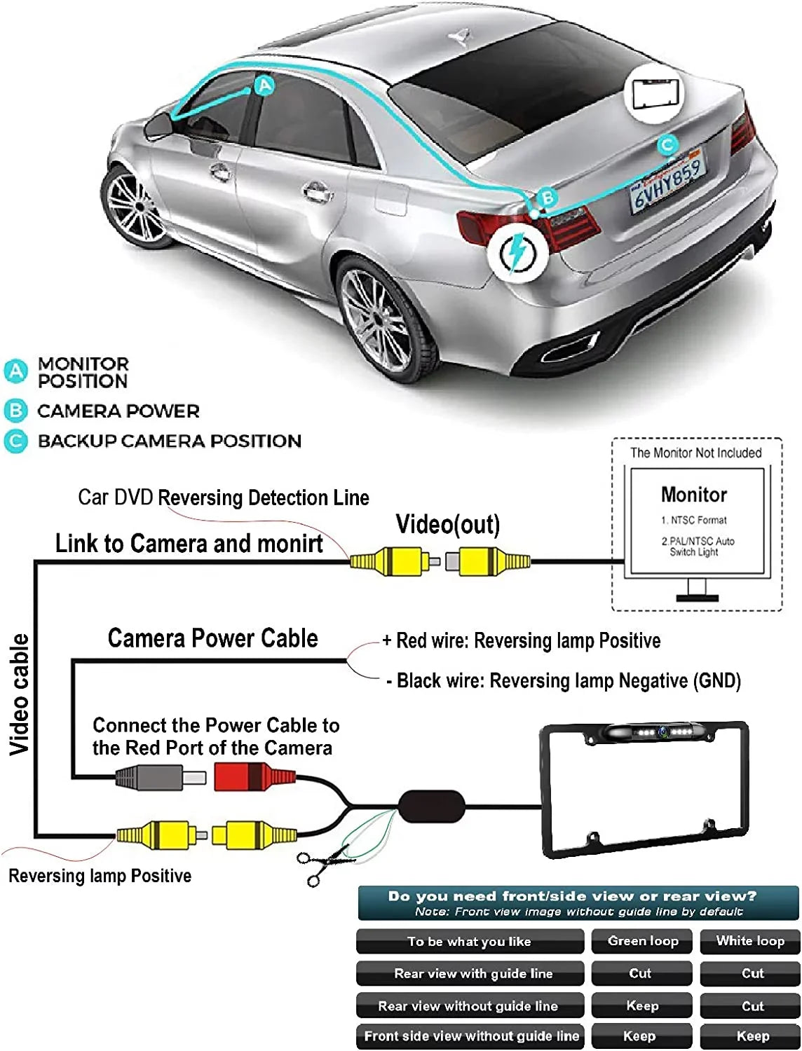 12V Car Front or Rearview Reverse View Backup Camera 8  Night Vision  License Plate Frame Black