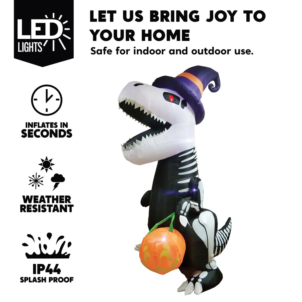 Joiedomi Halloween 8  Inflatable Skeleton Dinosaur with Build-in LEDs Blow Up Inflatables for Halloween Party Indoor, Outdoor, Yard, Garden, Lawn Decorations
