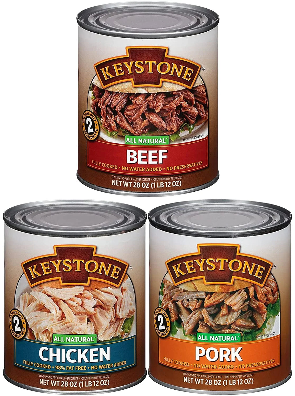 (6 Cans - 2 of Each) Keystone All Natural Beef, Chicken and Pork 28oz Cans Combo  Emergency Survival Ready to eat Long Shelf Life Camping Food